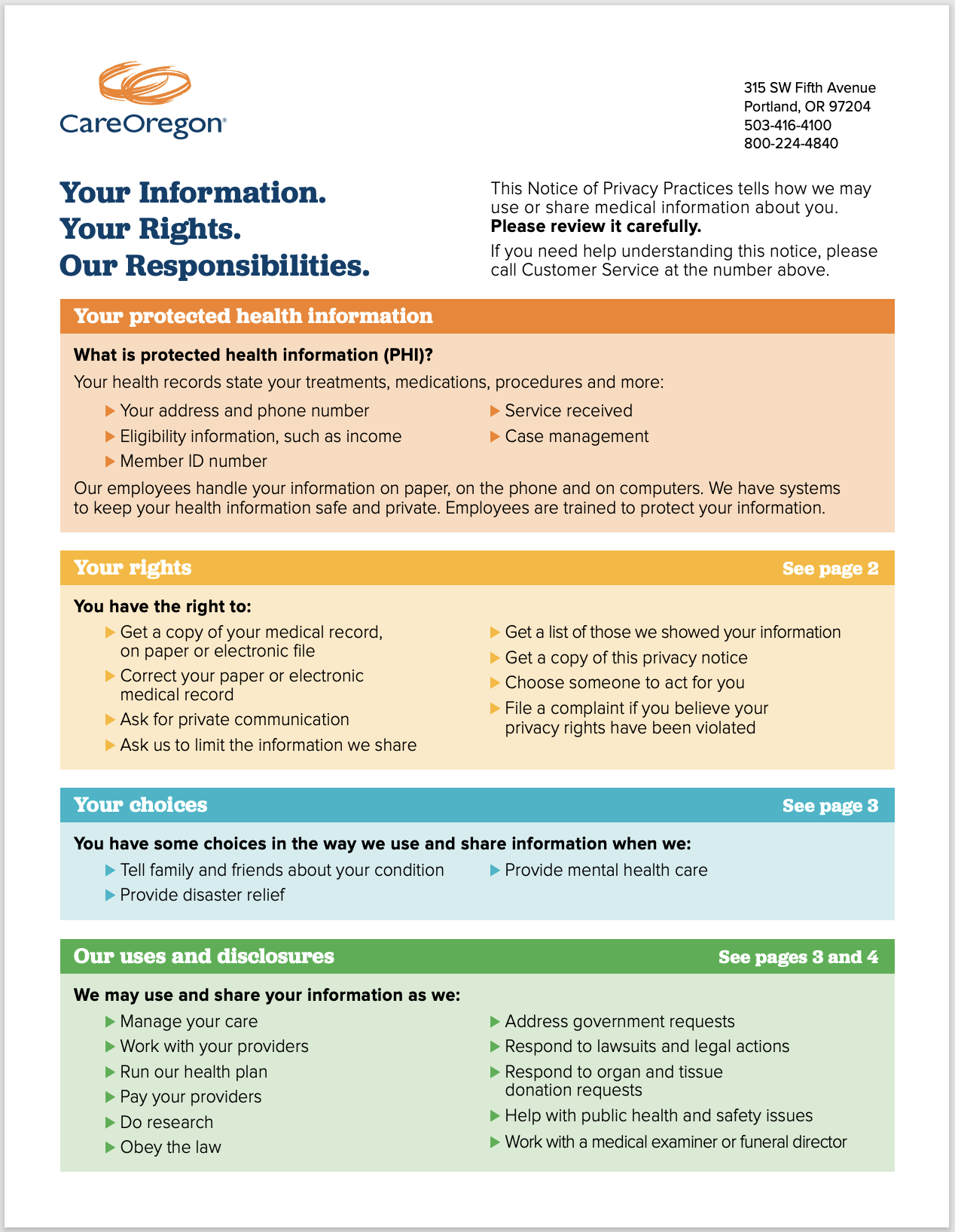 Aviso de prácticas de confidencialidad de CareOregon, página uno