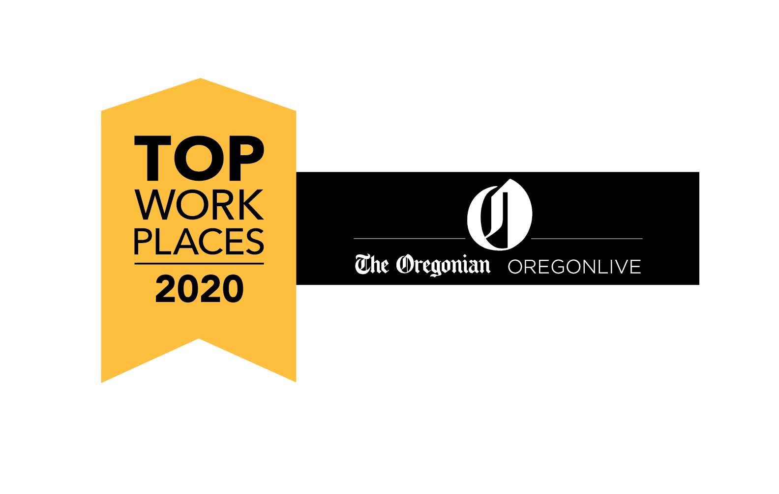 由《The Oregonian》和《Oregonlive》颁发的徽章，写有“Top work places 2020”字样。